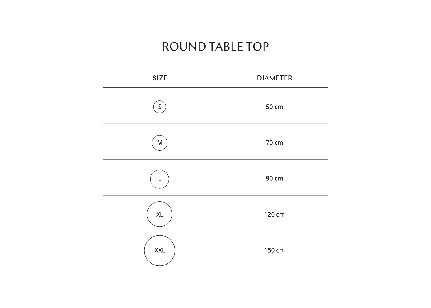 Table Top Size Chart