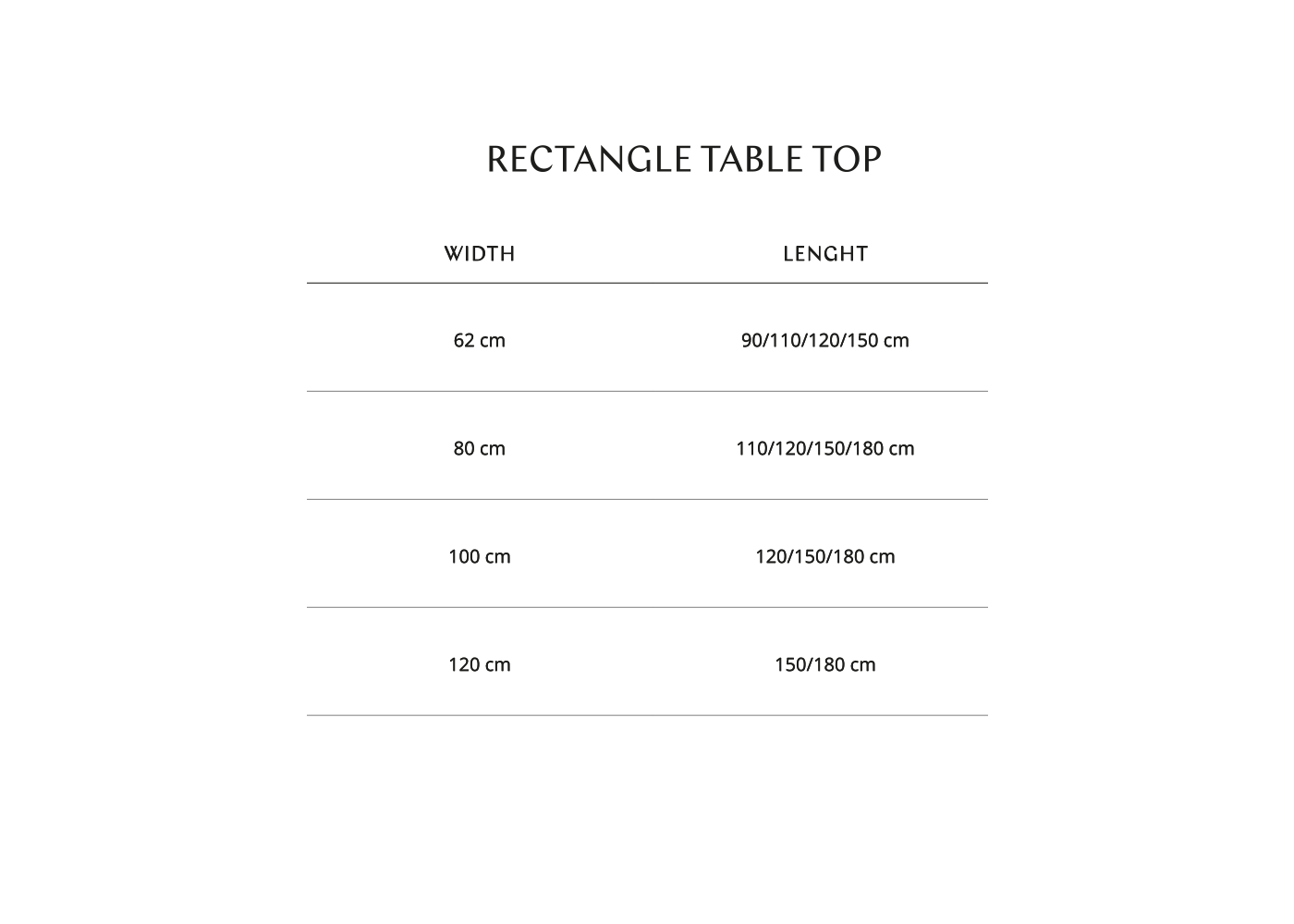 Table Top Size Chart